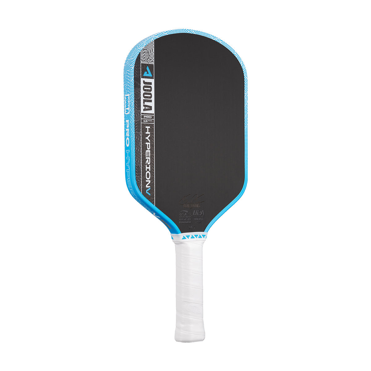 The JOOLA Hyperion Pro V 16mm Ben Johns Bolt Blue Pickleball Paddle is black with blue edges and a white grip, featuring "JOOLA" and "HYPERION V" on the face and edge, and is designed for pro-level play with advanced carbon fiber technology.