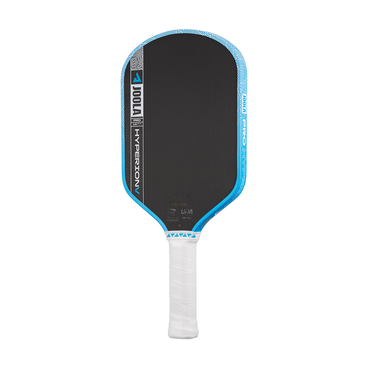 The JOOLA Hyperion Pro V 16mm Ben Johns Bolt Blue Pickleball Paddle, in black and blue with a white handle, is shown upright against a plain white background and designed for pro-level play with advanced carbon fiber technology.