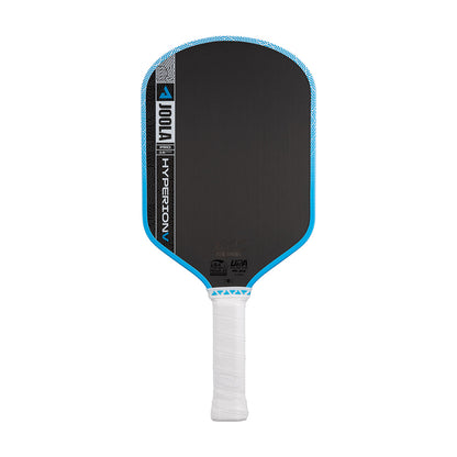 The JOOLA Hyperion Pro V 16mm Ben Johns Bolt Blue Pickleball Paddle, featuring blue trim and a white grip with carbon fiber technology for pro-level play, is displayed against a plain white background.