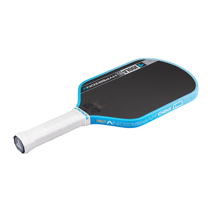 The JOOLA Hyperion Pro V 16mm Ben Johns Bolt Blue Pickleball Paddle features a white grip, black face, blue edge trim, and carbon fiber technology for pro-level play, shown on a white background.