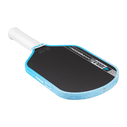 The JOOLA Hyperion Pro V 16mm Ben Johns Bolt Blue Pickleball Paddle features carbon fiber tech, a black face, blue and white patterned edge, and a white handle, all shown on a white background.