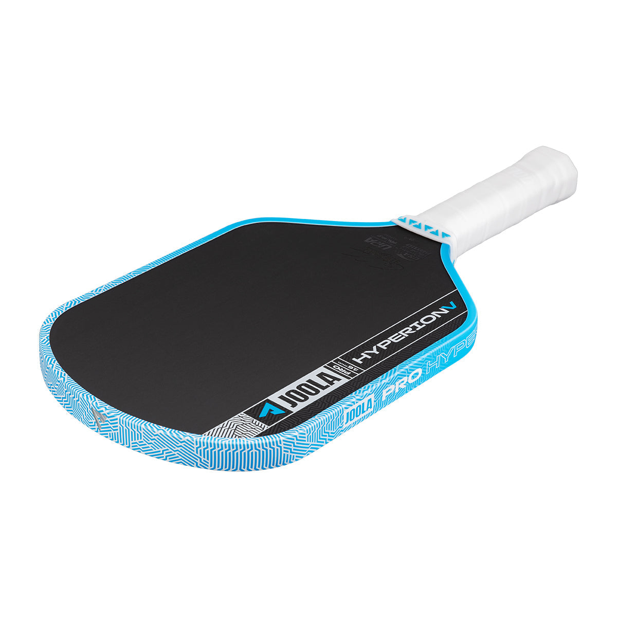 The JOOLA Hyperion Pro V 16mm Ben Johns Bolt Blue Pickleball Paddle displays carbon fiber tech, a sleek black face with blue edges, and a white grip, set against a white background for pro-level performance.