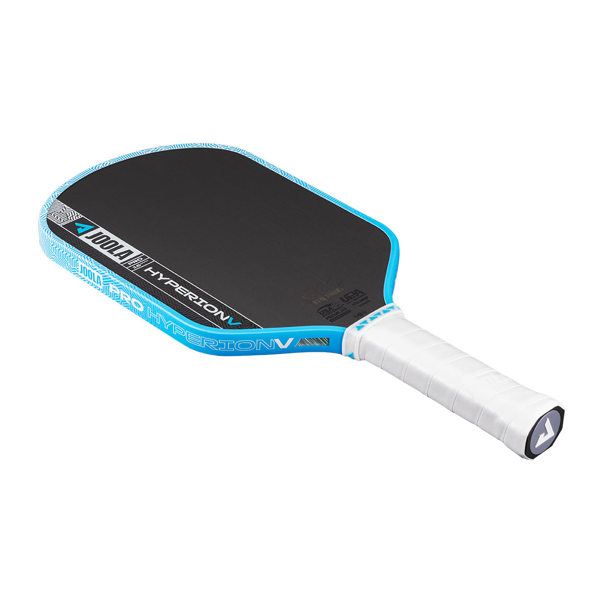 The JOOLA Hyperion Pro V 16mm Ben Johns Bolt Blue Pickleball Paddle, in black and blue with a white grip and advanced carbon fiber construction, is displayed on a white background.