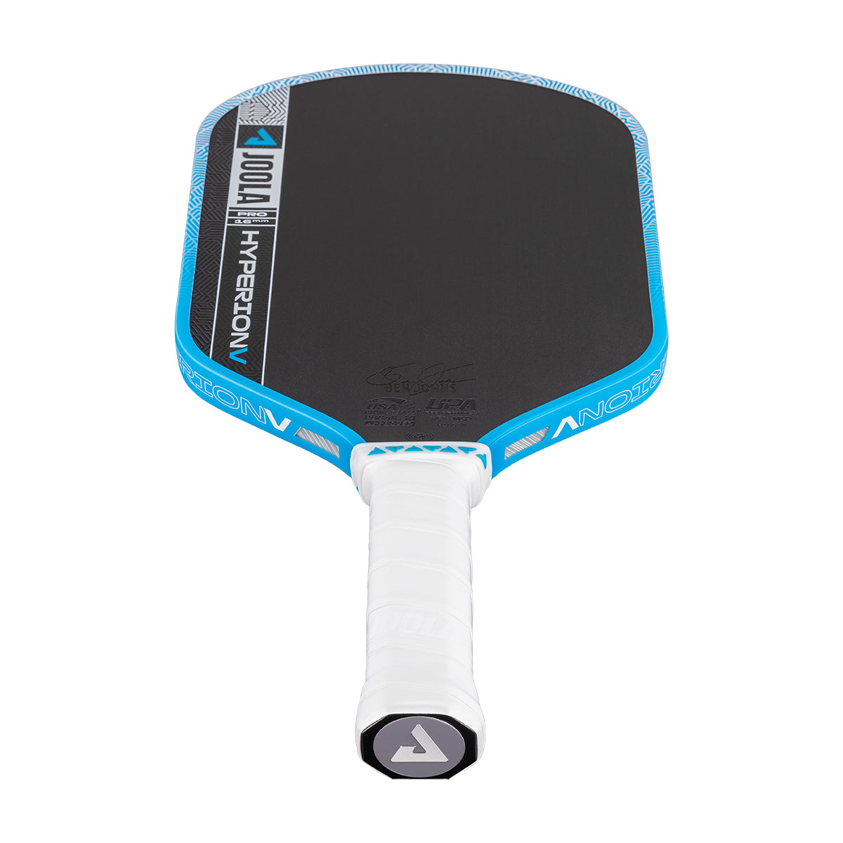 The JOOLA Hyperion Pro V 16mm Ben Johns Bolt Blue Pickleball Paddle features a black and blue design with a white handle, "JOOLA HYPERION" branding, and carbon fiber technology for pro-level play.