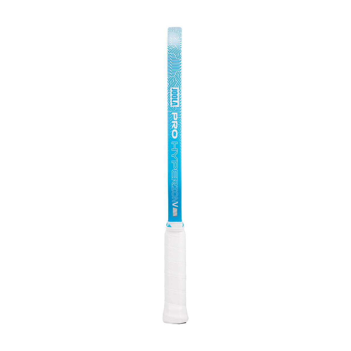 A blue and white JOOLA Hyperion Pro V 16mm Ben Johns Bolt Blue Pickleball Paddle with a white grip, "PRO HYPERSONIC" text on the shaft, and carbon fiber technology for pro-level play, standing upright against a white background.