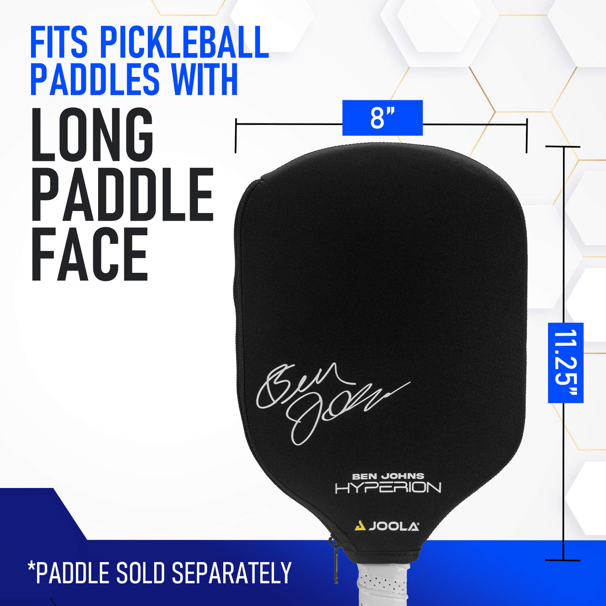 A picture of a JOOLA paddle with the words "fit JOOLA Elongated Neoprene Sleeve Pickleball Paddle Cover" with long paddle face.