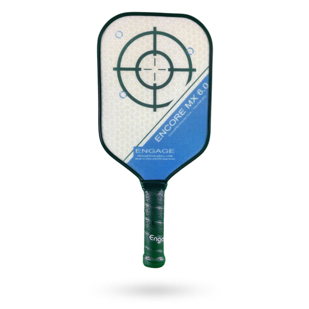 Pickleball paddle with a green and black handle, branded "Engage," with a blue and white face featuring a target design. **Engage Encore MX 6.0 Pickleball Paddle** is printed on the face.