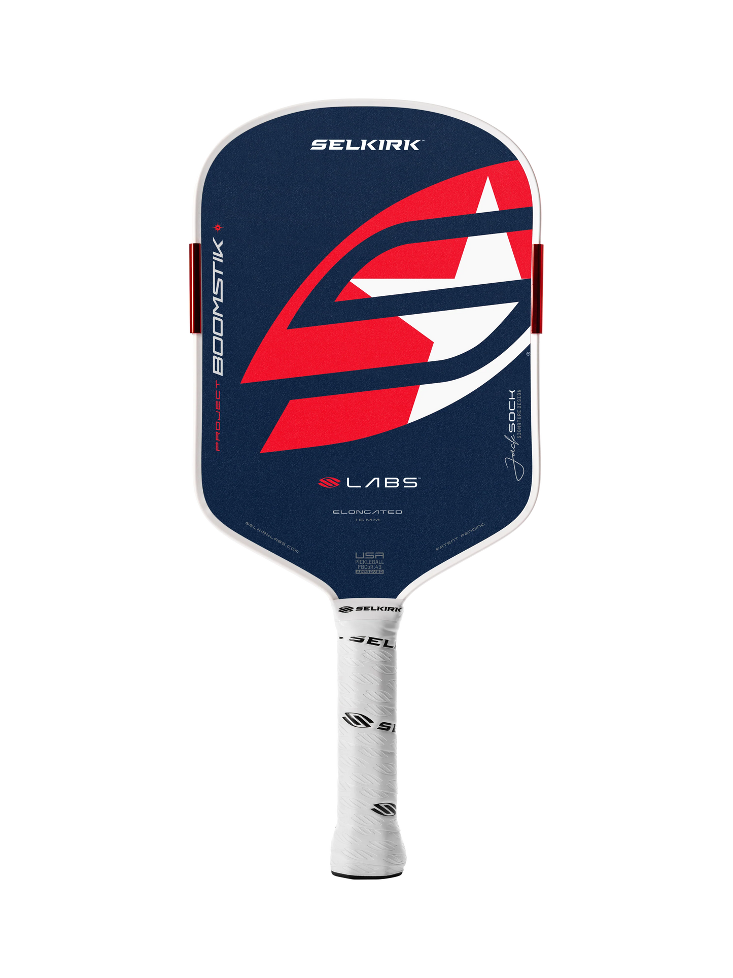 The Selkirk LABS Project Boomstik Elongated 16mm Pickleball Paddle with Infinigrit features a dark blue face, red and white graphic design, and a white grip—ideal for advanced spin. Displayed on a plain white background.