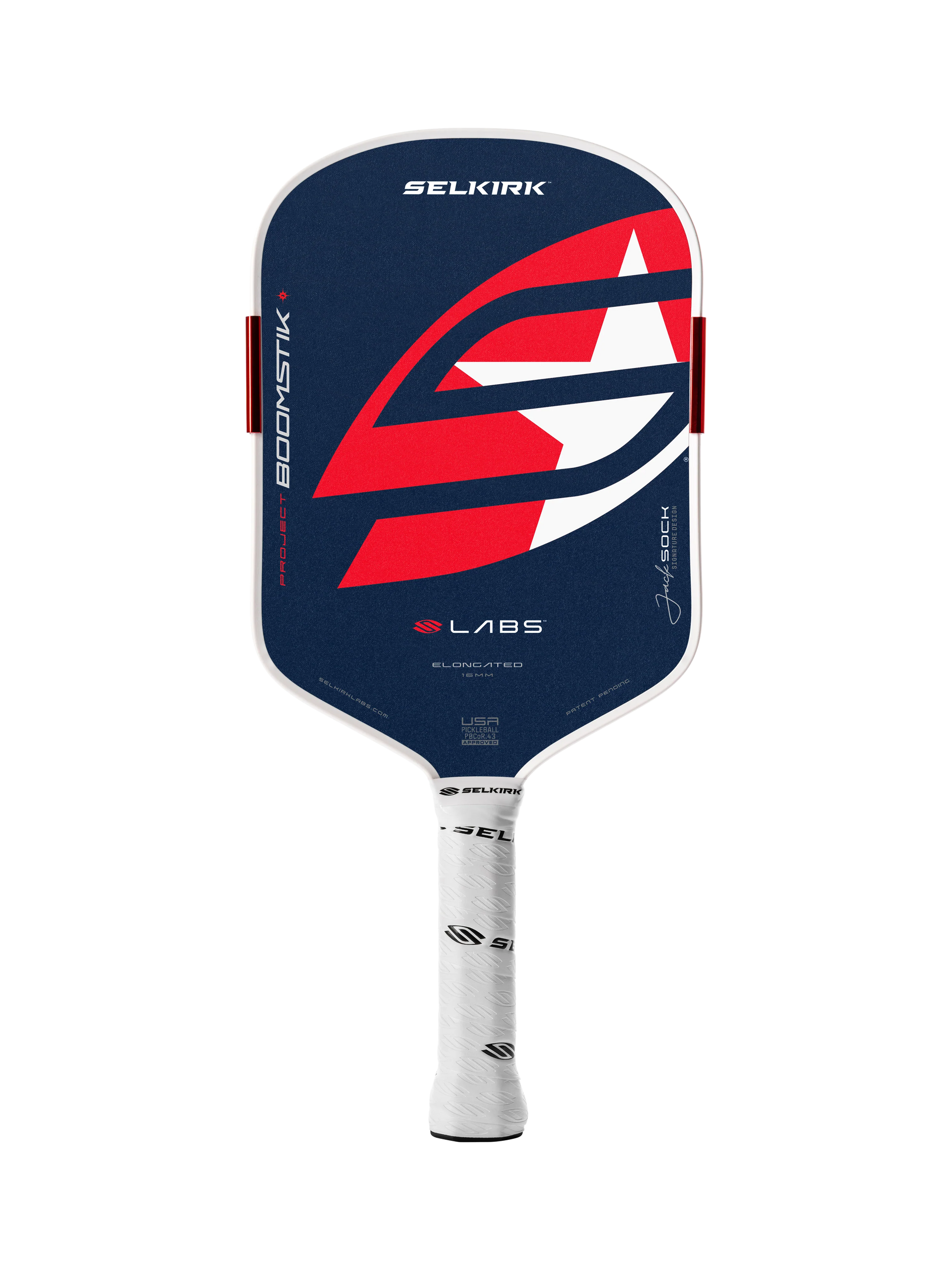 The Selkirk LABS Project Boomstik Elongated 16mm Pickleball Paddle with Infinigrit features a dark blue face, red and white graphic design, and a white grip—ideal for advanced spin. Displayed on a plain white background.