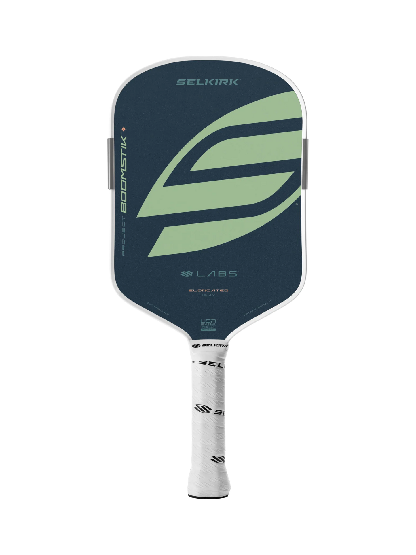 The Selkirk LABS Project Boomstik Elongated 16mm Pickleball Paddle with Infinigrit features a dark blue face, large green "S" logo, and white branded grip handle—engineered by Selkirk for advanced spin and control.