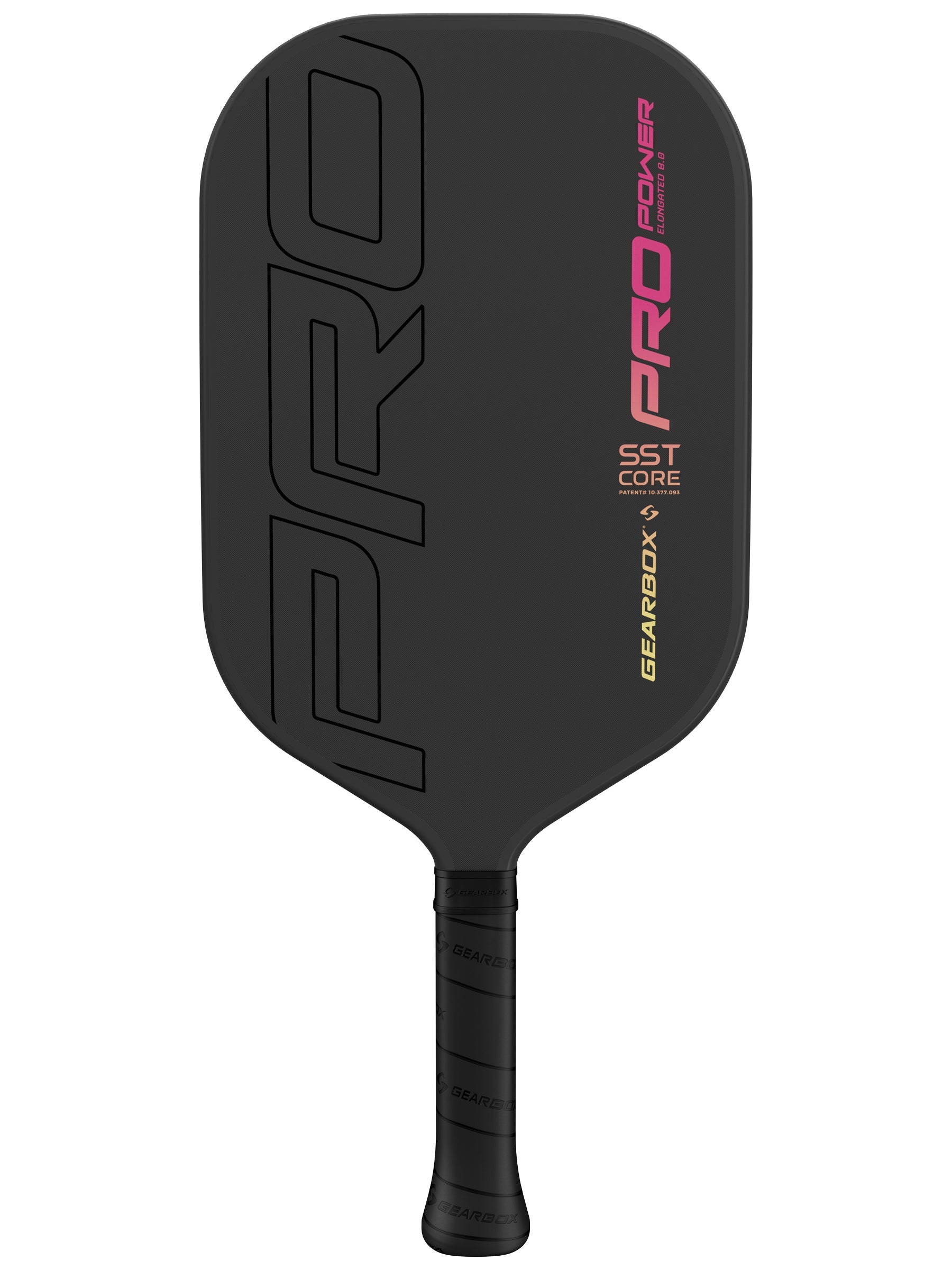 A black pickleball paddle with the brand name "Gearbox" and the model name "Gearbox Pro Power Elongated Pickleball Paddle" displayed in large letters. The handle has a textured grip, and it features a carbon fiber framework for enhanced durability.