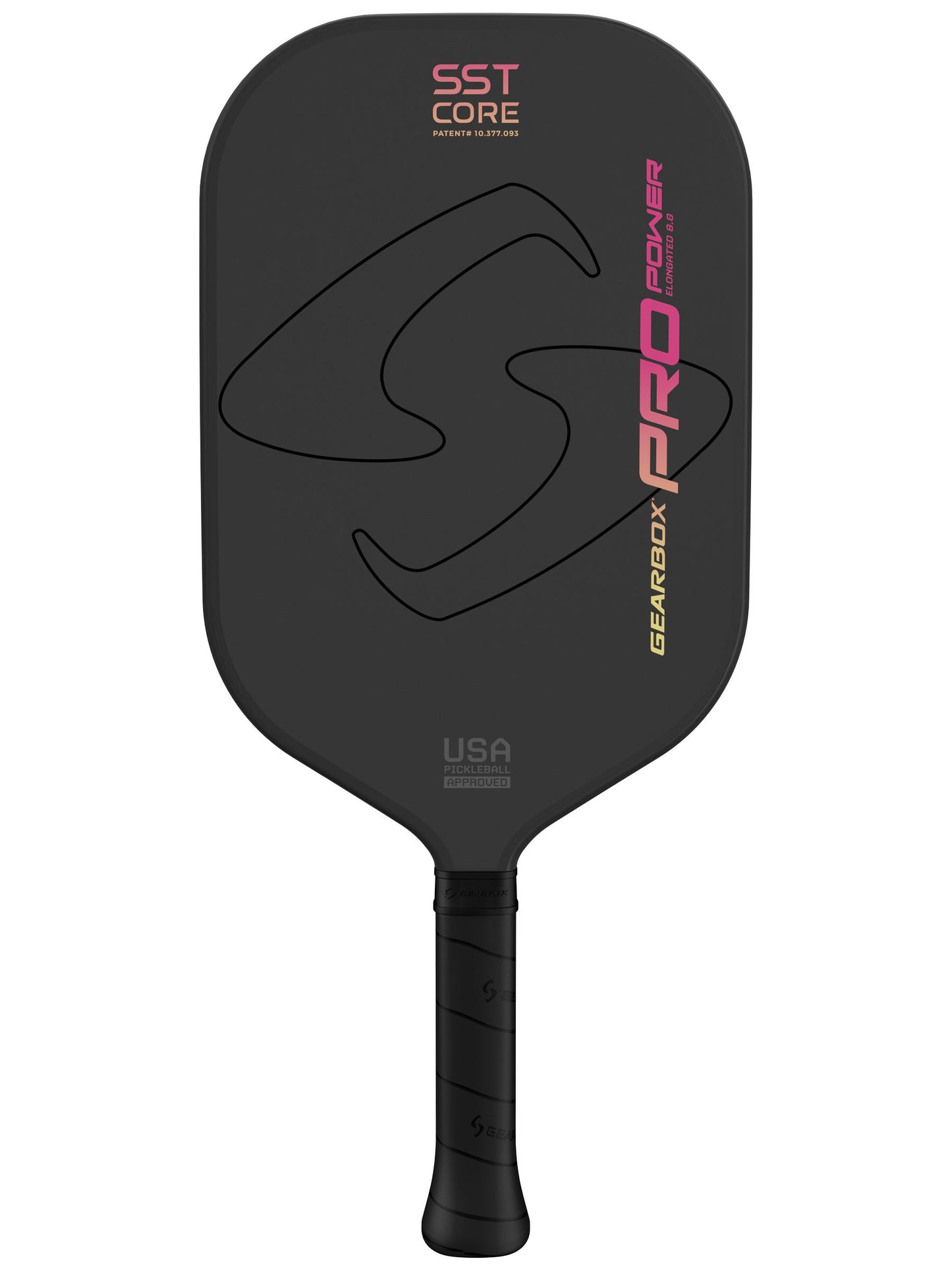 A close-up view of a **Gearbox Pro Power Elongated Pickleball Paddle** with "SST Core," "Pro Power," and "**Gearbox**" written on the face. The paddle, part of the Pro Series, features a textured surface and a sleek black handle made from carbon fiber framework.