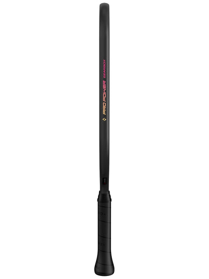 A black Gearbox Pro Power Elongated Pickleball Paddle is shown standing upright with a focus on the handle and shaft. The brand logo and model name are visible near the grip, highlighting its Solid Span Technology and carbon fiber framework for enhanced performance.