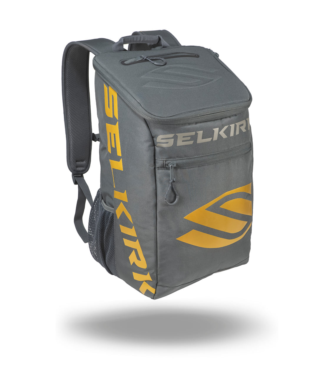 Gray and yellow Pickleballist branded Selkirk Team Backpack (2021) pickleball bag with a sturdy handle and side mesh pocket, isolated on a white background.