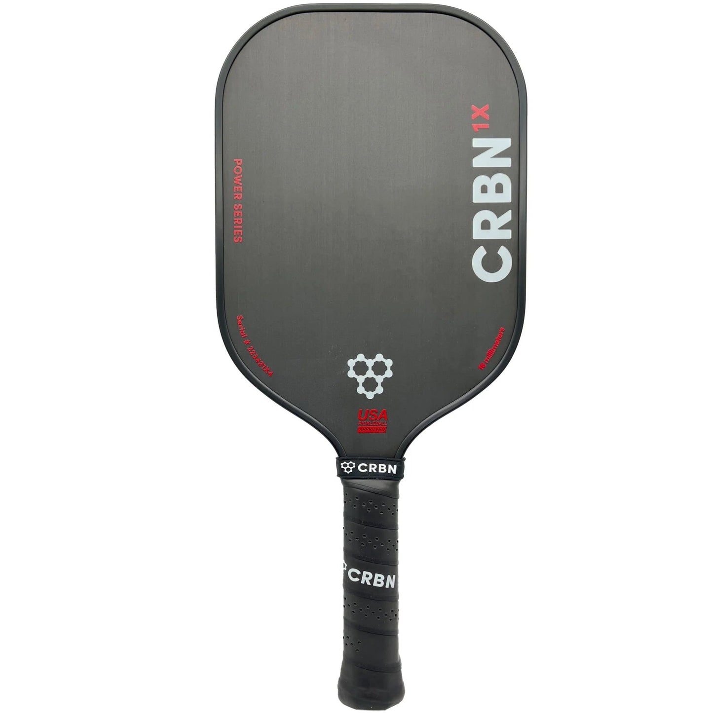 A black CRBN 1X Power Series - 16mm Elongated Pickleball Paddle with a honeycomb pattern on the handle and a "USA Pickleball Approved" logo from CRBN.