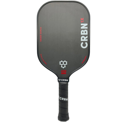 A black CRBN 1X Power Series - 16mm Elongated Pickleball Paddle with a honeycomb pattern on the handle and a "USA Pickleball Approved" logo from CRBN.