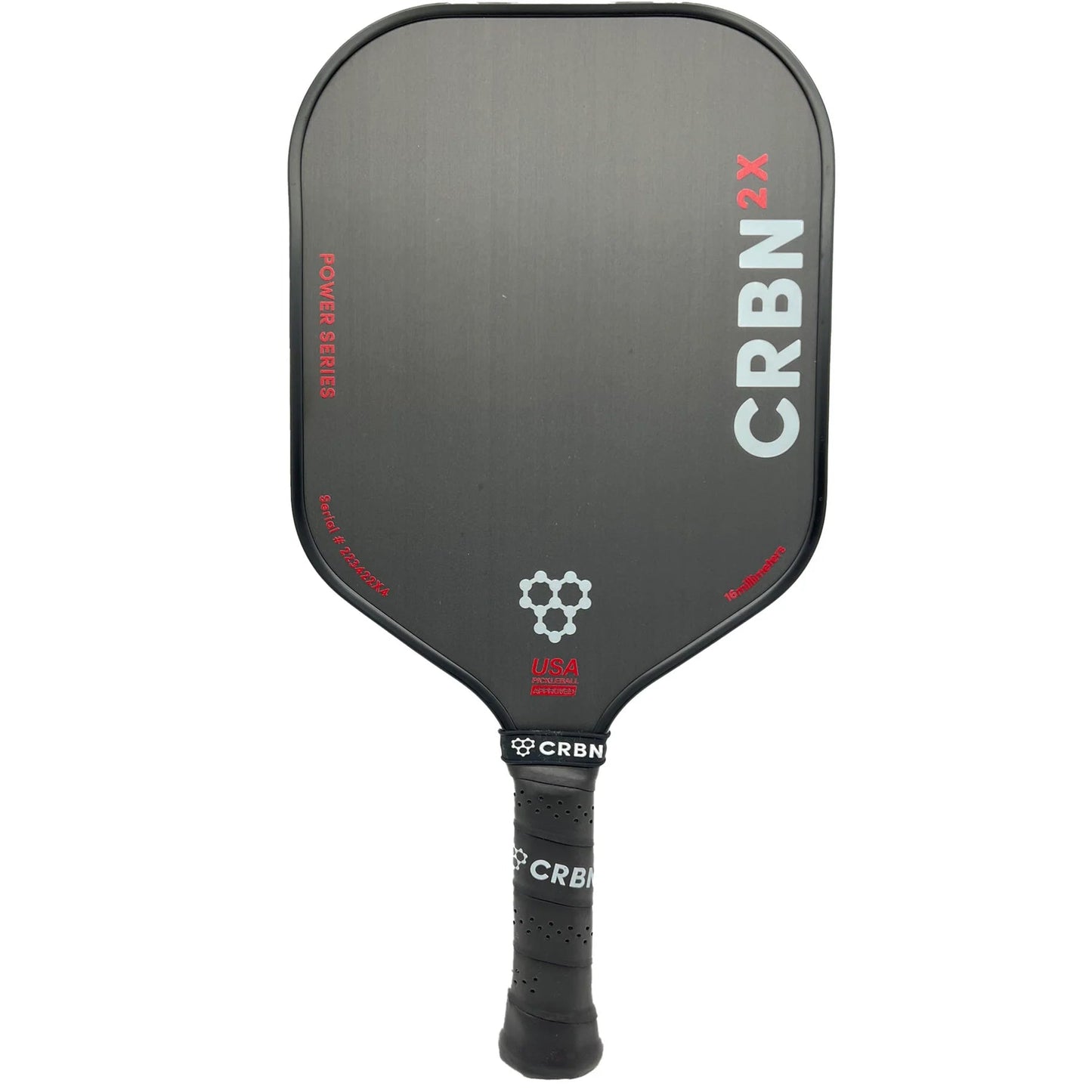 A black pickleball paddle labeled "CRBN 2X Power Series - 14mm Square Pickleball Paddle" with "CRBN" written on the side and a "USA Pickleball Approved" logo near the handle.