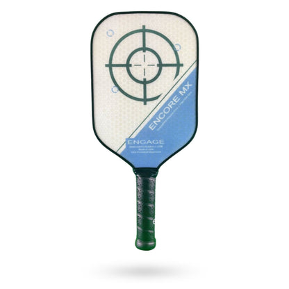 A Pickleballist pickleball paddle with a bullseye design on a gradient blue and white background, branded as "Engage Encore MX" by Engage.