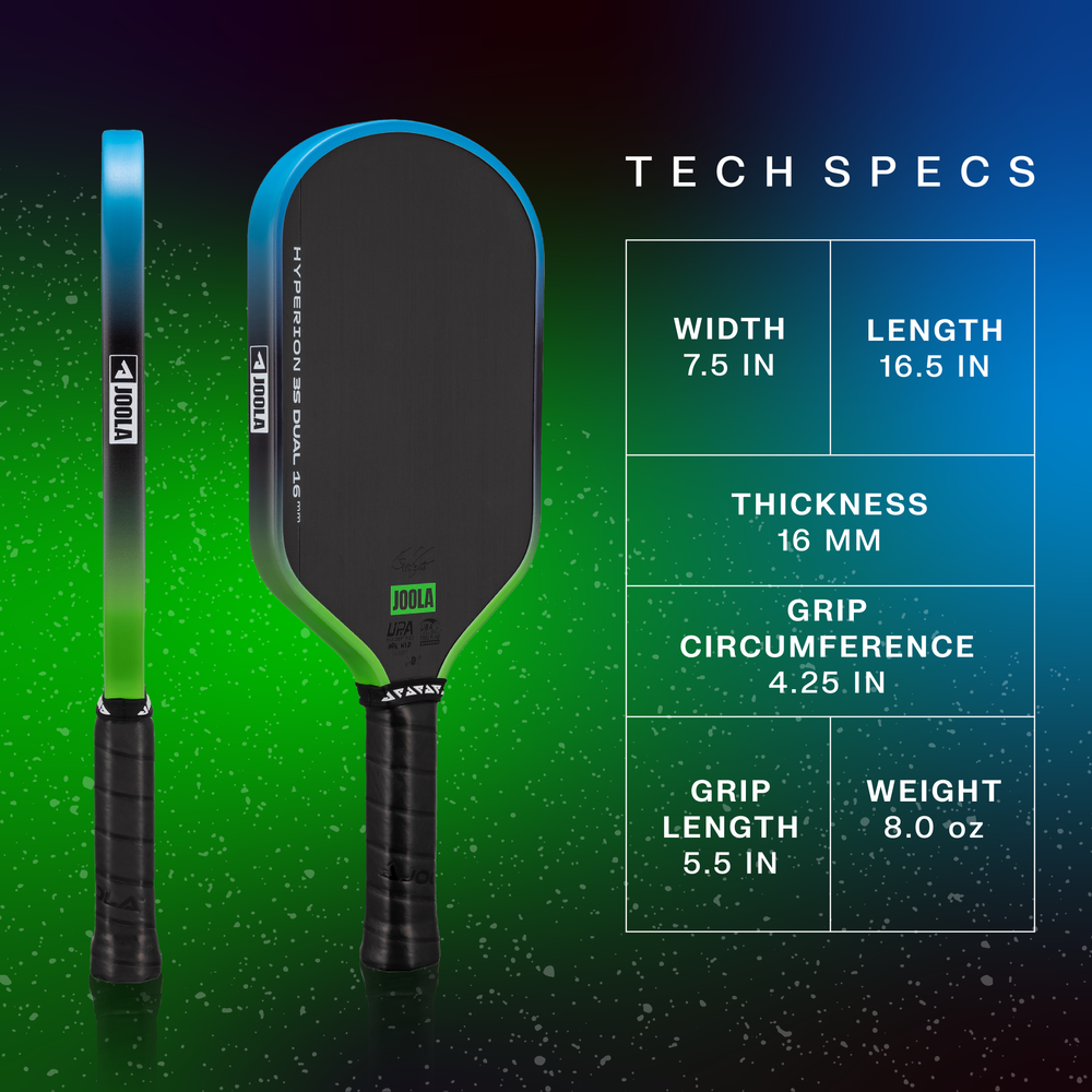 Two views of the JOOLA Hyperion 3S Dual 16mm Pickleball Paddle by JOOLA appear with a chart showing its width, length, thickness, grip, and weight specifications.