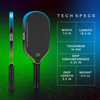 Two views of the JOOLA Hyperion 3S Dual 16mm Pickleball Paddle by JOOLA appear with a chart showing its width, length, thickness, grip, and weight specifications.