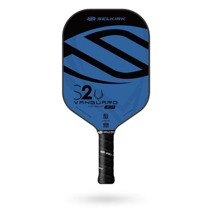 A Pickleballist Selkirk Vanguard S2 hybrid pickleball paddle with the largest surface area, featuring a blue and black design, isolated on a white background.