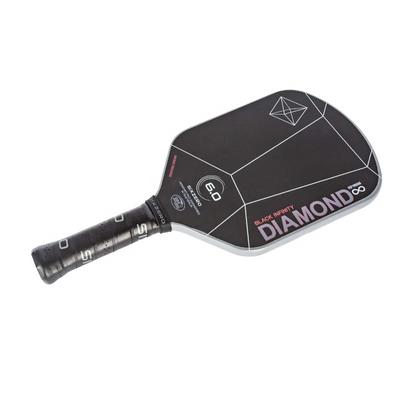 A Six Zero Six Zero Infinity Edgeless Black Diamond Power (16mm) Pickleball Paddle labeled "Diamond" with a hexagonal pattern and the number 60 on the face, featuring a black grip handle.