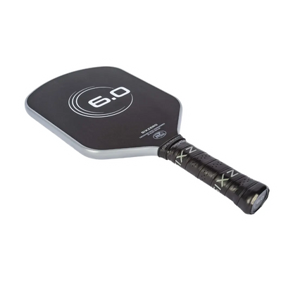 A Six Zero Infinity Edgeless Black Diamond Power (16mm) Pickleball Paddle with a white border and handle, featuring the text "6.0" on the face and "ZEN" on the grip.