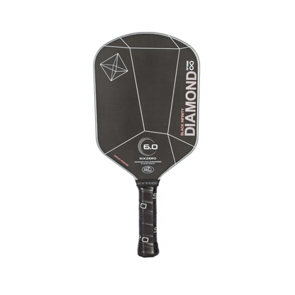 A Six Zero Infinity Edgeless Black Diamond Power (16mm) Pickleball Paddle with geometric patterns and text indicating specifications, including "6.0" and "SIXZERO".