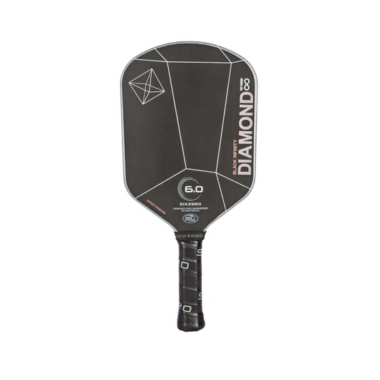 A Six Zero Infinity Edgeless Black Diamond Power (16mm) Pickleball Paddle with geometric patterns and text indicating specifications, including "6.0" and "SIXZERO".