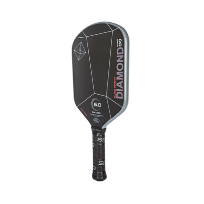 A black and white pickleball paddle with geometric designs, labeled "Six Zero Infinity Edgeless Black Diamond Power (16mm) Pickleball Paddle," featuring a textured grip handle.