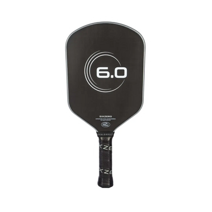 A black Six Zero Infinity Edgeless Black Diamond Power (16mm) Pickleball Paddle with the label "6.0" and "Six Zero" on the face. The handle is wrapped in black grip tape with white text.