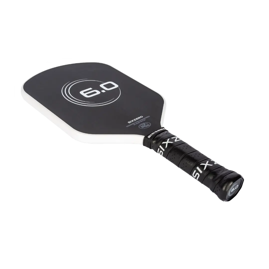 A Six Zero Infinity Edgeless Double Black Diamond Control (16mm) Pickleball Paddle with the Six Zero logo on it.