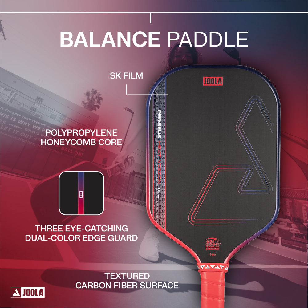 The JOOLA Heat Vision Perseus 16mm Pickleball Paddle features a 16mm polypropylene honeycomb core, SK film, dual-color edge guard, and textured carbon fiber surface with labeled features.