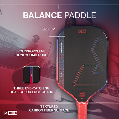 The JOOLA Heat Vision Perseus 16mm Pickleball Paddle features a 16mm polypropylene honeycomb core, SK film, dual-color edge guard, and textured carbon fiber surface with labeled features.