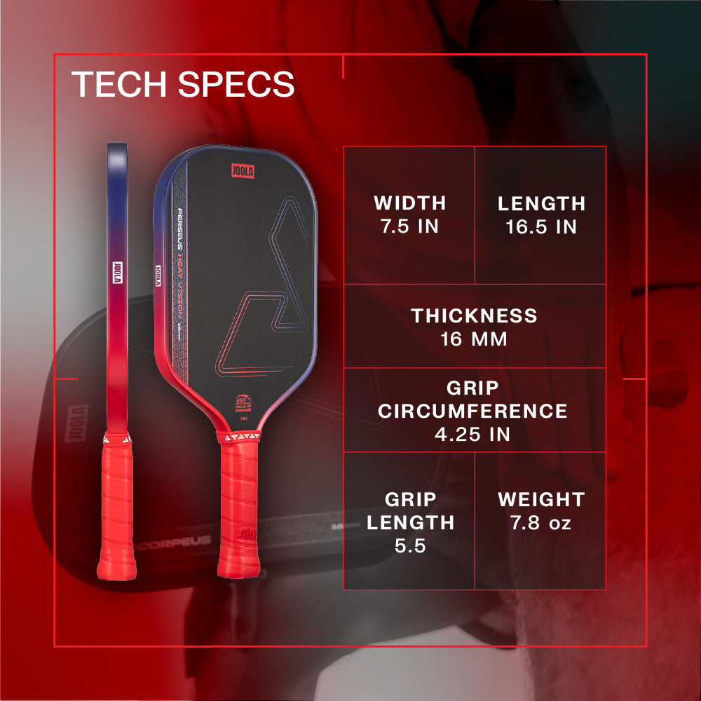 Experience peak play with the JOOLA Heat Vision Perseus 16mm Pickleball Paddle, featuring a 7.5" width, 16.5" length, 4.25" grip circumference, 5.5" handle, and a lightweight 7.8 oz design from JOOLA.