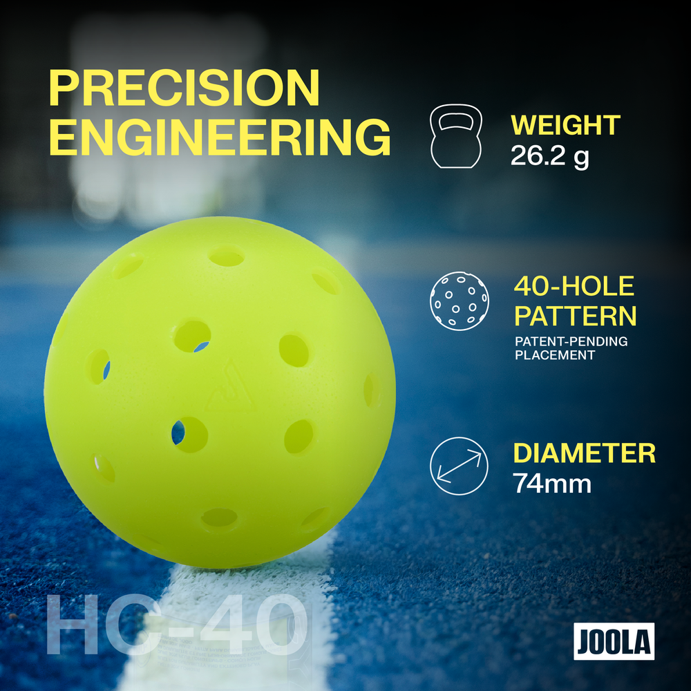 Close-up of a JOOLA HC-40 Pickleball by Pickleballist in Shock Yellow on a blue court; highlighted text notes 26.2g weight, 40-hole design, and 74mm diameter. These durable pickleballs are ideal for tournament play.