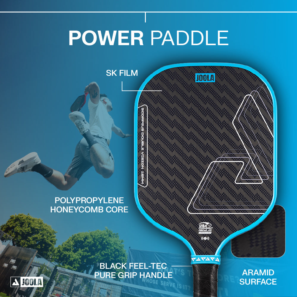 A JOOLA Double Vision Scorpeus 16mm Pickleball Paddle is featured beside an advanced player leaping on a court. The paddle sports an aramid surface, polypropylene honeycomb core, SK film, and black Feel-Tec Pure Grip handle.