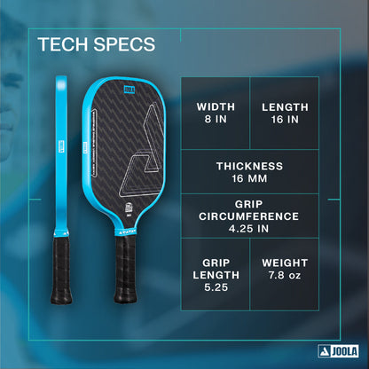 The JOOLA Double Vision Scorpeus 16mm Pickleball Paddle offers advanced specs: 8" width, 16" length, 16mm thickness, 4.25" grip circumference, 5.25" grip length, and a weight of 7.8 oz—designed for serious players.