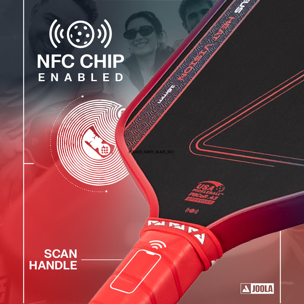 Close-up of the JOOLA Heat Vision Perseus 16mm Pickleball Paddle handle with an NFC chip symbol and “Scan Handle” instruction, highlighting its advanced technology and 16mm core for enhanced performance.
