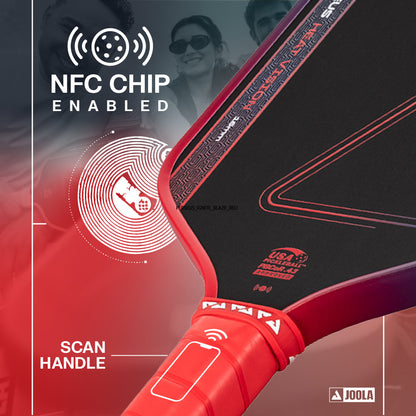 Close-up of the JOOLA Heat Vision Perseus 16mm Pickleball Paddle handle with an NFC chip symbol and “Scan Handle” instruction, highlighting its advanced technology and 16mm core for enhanced performance.