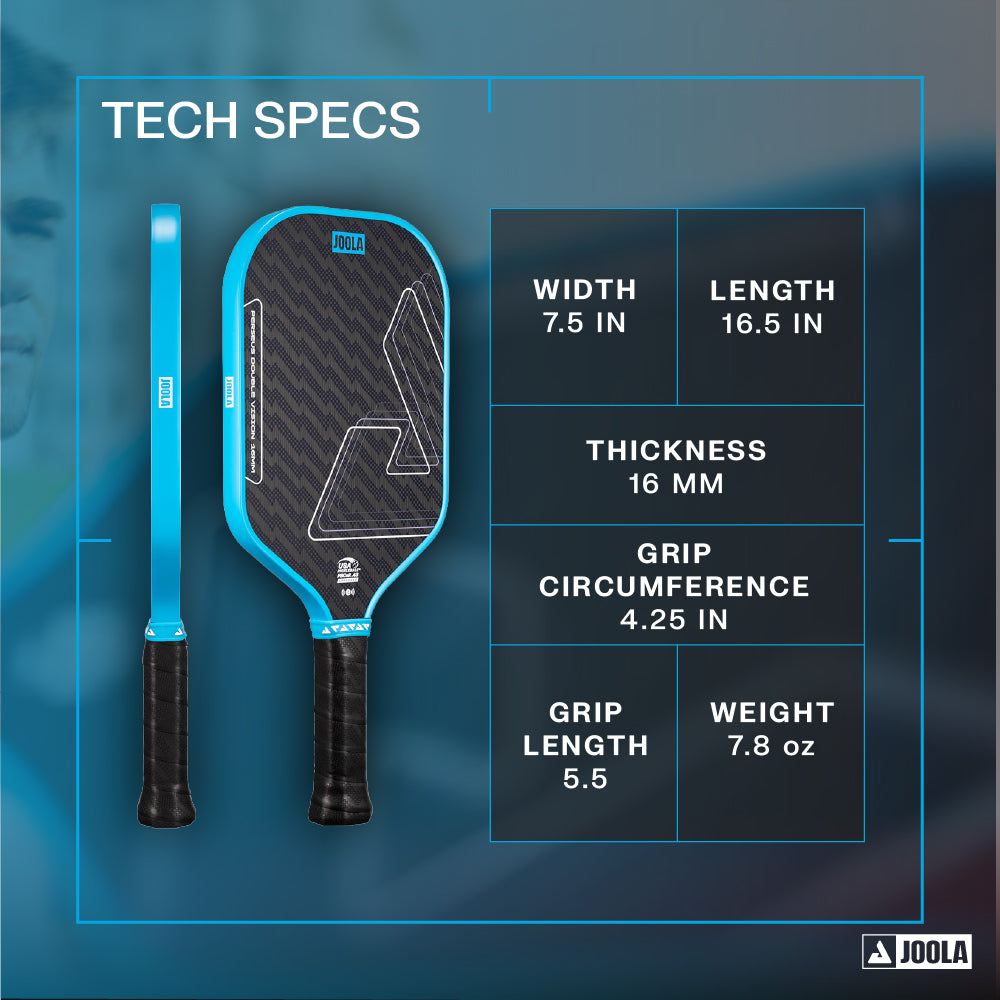 The JOOLA Double Vision Perseus 16mm Pickleball Paddle features a 7.5" width, 16.5" length, 16mm thickness, 4.25" grip circumference, 5.5" grip length, weighs 7.8 oz, and includes Double Vision technology.