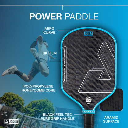A JOOLA Double Vision Hyperion 16mm Pickleball Paddle with labeled features—Aero Curve, SK Film, Polypropylene Honeycomb Core, Black Feel-Tec Pure Grip Handle, and Aramid Surface. A person jumps in the background.