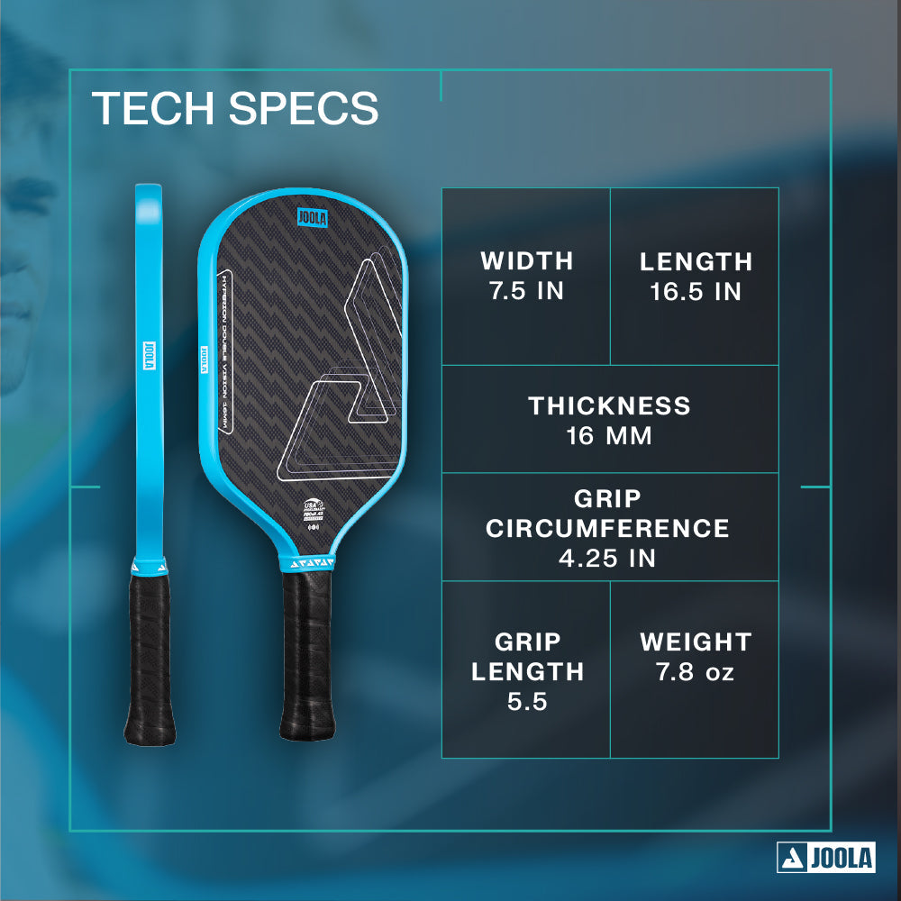 The JOOLA Double Vision Hyperion 16mm Pickleball Paddle features a 7.5" width, 16.5" length, 16mm thickness, 4.25" grip circumference, 5.5" grip length, and weighs 7.8 oz.