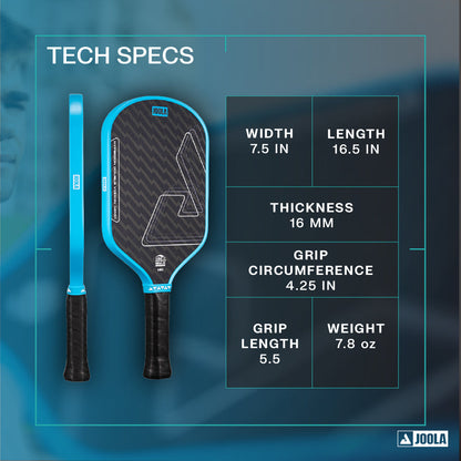 The JOOLA Double Vision Hyperion 16mm Pickleball Paddle features a 7.5" width, 16.5" length, 16mm thickness, 4.25" grip circumference, 5.5" grip length, and weighs 7.8 oz.