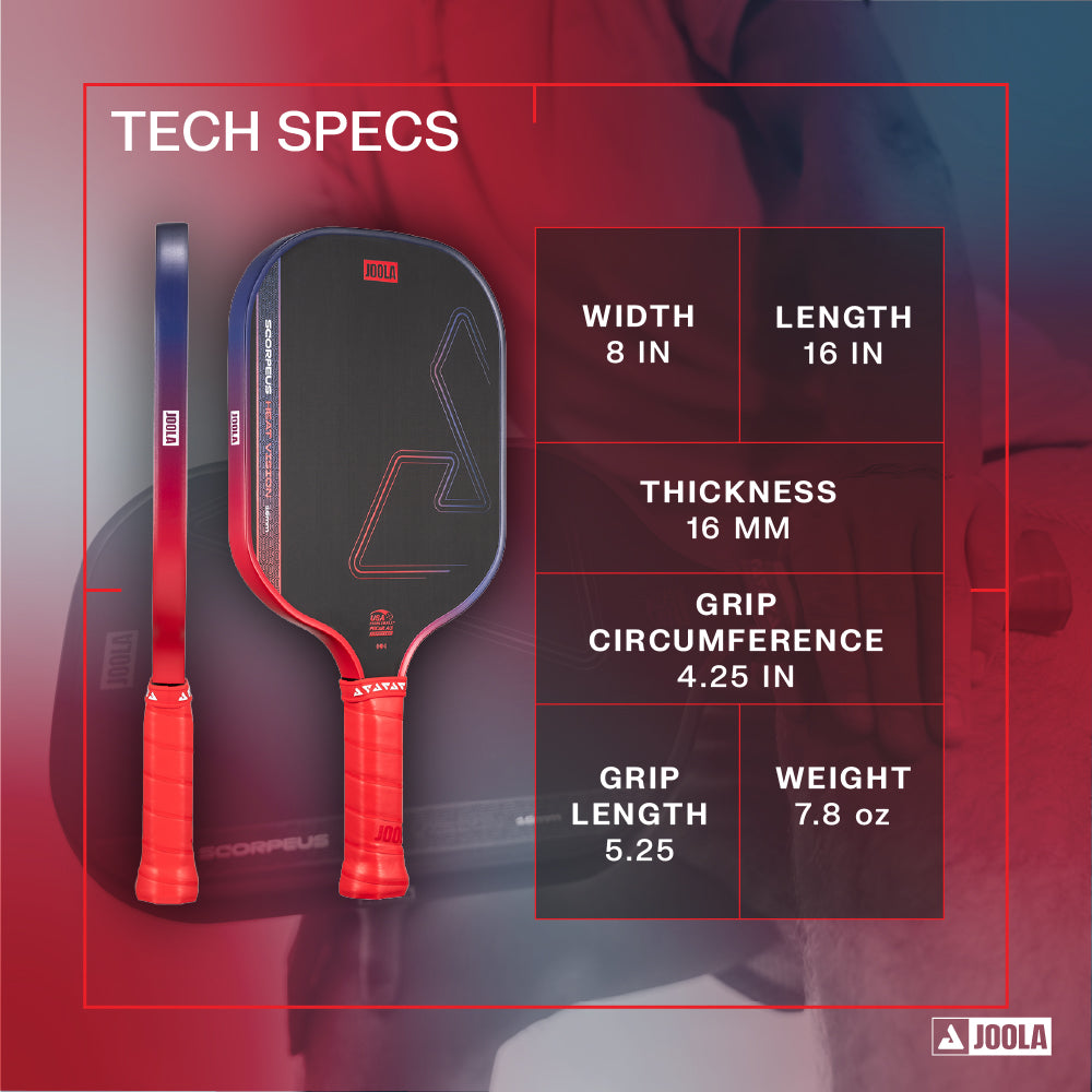 The JOOLA Heat Vision Scorpeus 16mm Pickleball Paddle features a black and red design, 8"x16" dimensions, 4.25" grip circumference, 5.25" grip length, and weighs only 7.8 oz.