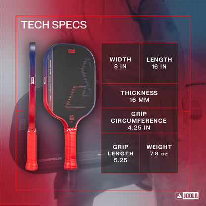 The JOOLA Heat Vision Scorpeus 16mm Pickleball Paddle features a black and red design, 8"x16" dimensions, 4.25" grip circumference, 5.25" grip length, and weighs only 7.8 oz.