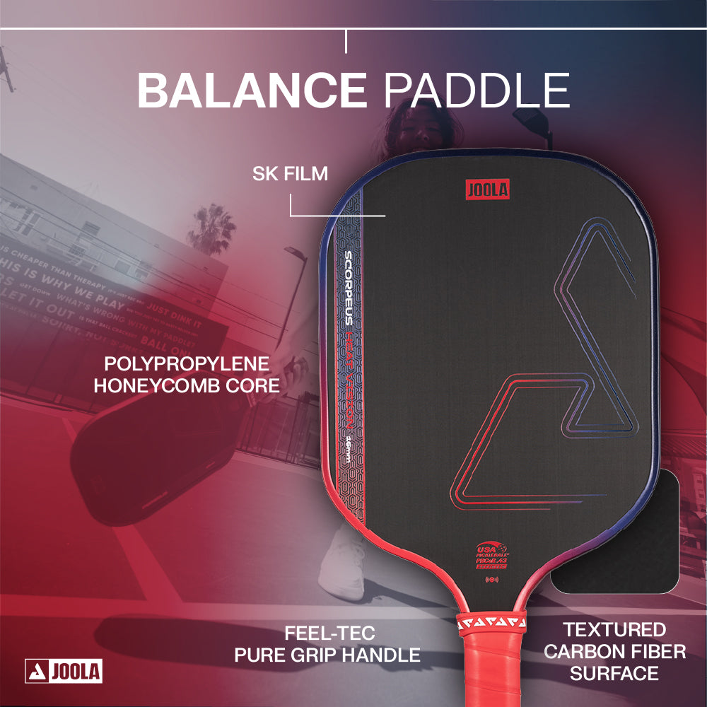 The JOOLA Heat Vision Scorpeus 16mm Pickleball Paddle features SK film, a 16mm polypropylene honeycomb core, a Feel-Tec Pure Grip handle, and a textured carbon fiber surface.