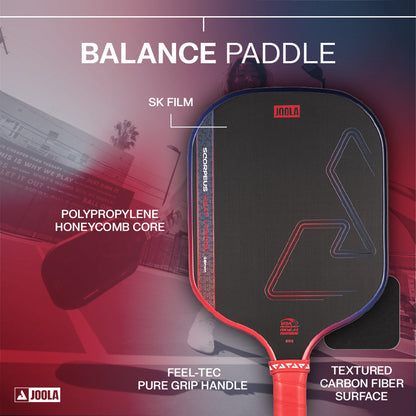 The JOOLA Heat Vision Scorpeus 16mm Pickleball Paddle features SK film, a 16mm polypropylene honeycomb core, a Feel-Tec Pure Grip handle, and a textured carbon fiber surface.