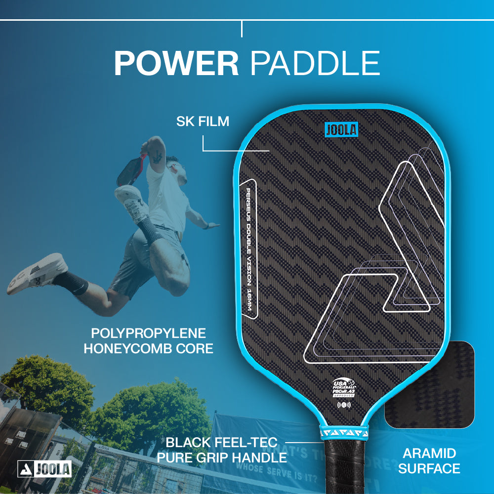The JOOLA Double Vision Perseus 16mm Pickleball Paddle features SK film, a polypropylene honeycomb core, aramid surface, and black Feel-Tec grip—highlighted against an action scene. Elevate your game with Double Vision technology by JOOLA.