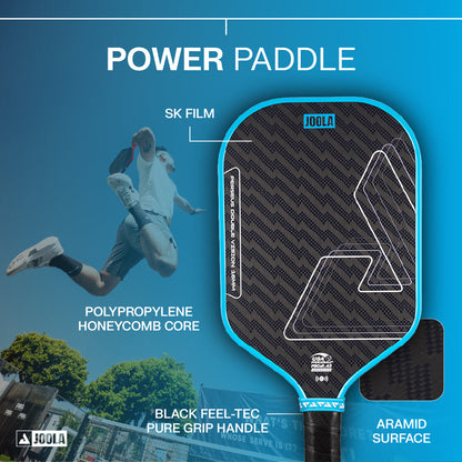 The JOOLA Double Vision Perseus 16mm Pickleball Paddle features SK film, a polypropylene honeycomb core, aramid surface, and black Feel-Tec grip—highlighted against an action scene. Elevate your game with Double Vision technology by JOOLA.